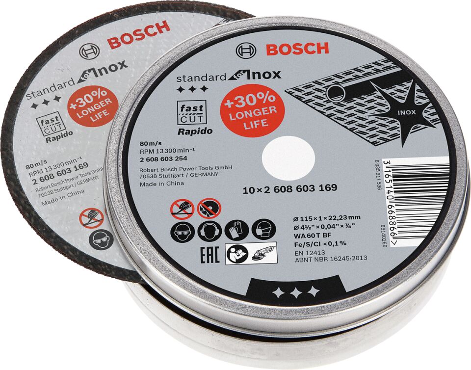 Bosch - 115*1,0mm Standard Seri Düz Inox (Paslanmaz Çelik) Kesme Diski (Taş) - Rapido 10'lu