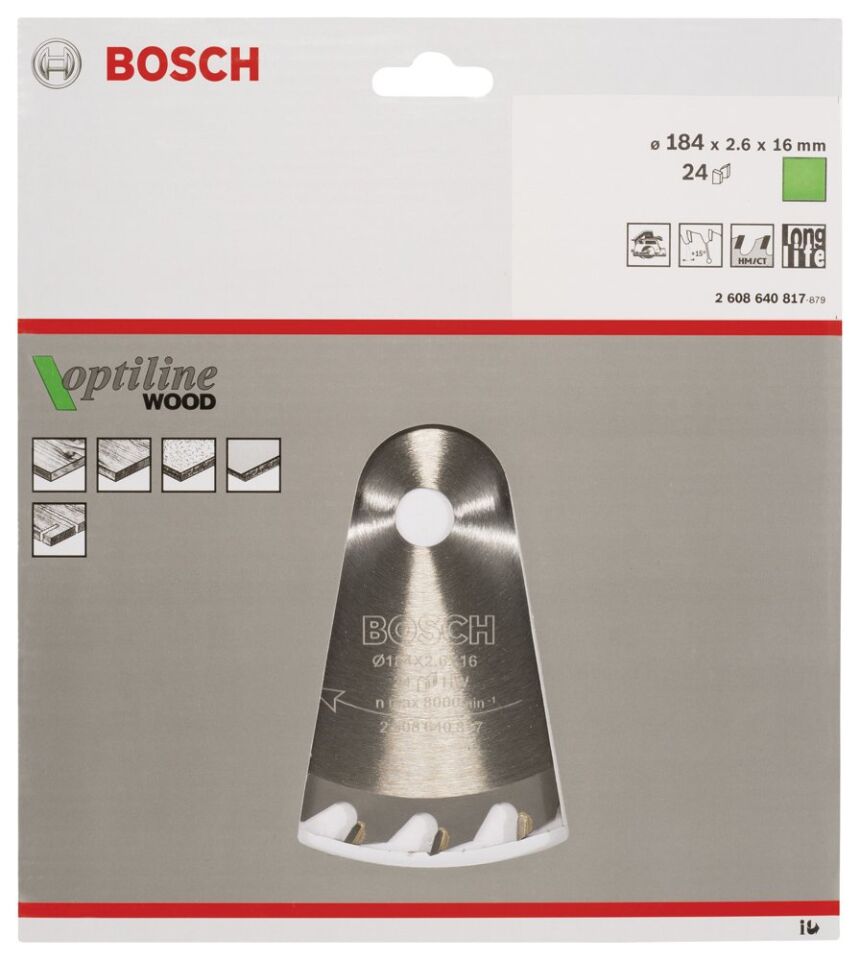 Bosch - Optiline Serisi Ahşap için Daire Testere Bıçağı 184*16 mm 24 Diş