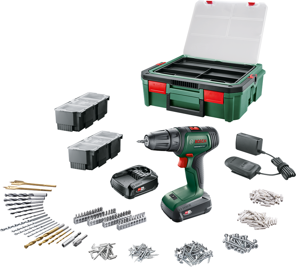 UniversalDrill 18V (2x1,5 Ah) Akülü Delme Vidalama Makinesi+ 241 parça set + Systembox S