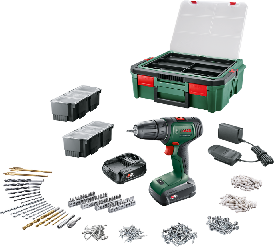 UniversalDrill 18V (2x1,5 Ah) Akülü Delme Vidalama Makinesi+ 241 parça set + Systembox S