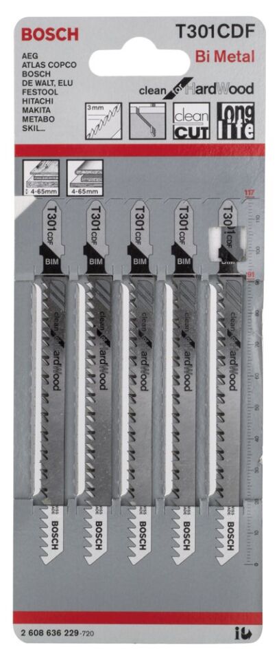 Bosch - Temiz Kesim Serisi Sert Ahşap İçin T 301 CDF Dekupaj Testeresi Bıçağı - 5'Li Paket
