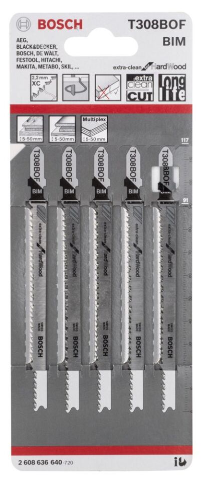 Bosch - Extra Temiz Kesim Serisi Sert Ahşap İçin T 308 BOF Dekupaj Testeresi Bıçağı - 5'Li Paket