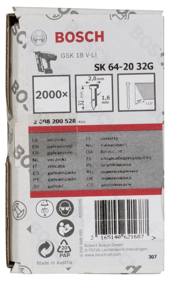 Bosch - Başsız Çivi 20ᵒ 32 mm Galvanizli 2000li