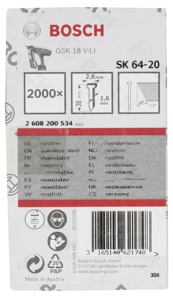 Bosch - Başsız Çivi 20ᵒ 38 mm Paslanmaz 2000li