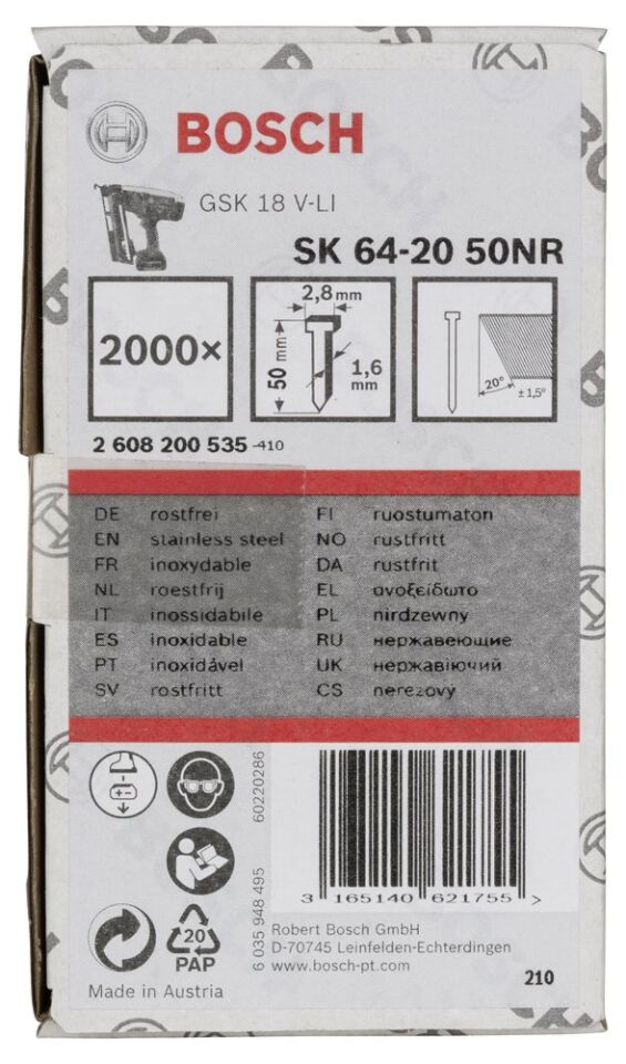 Bosch - Başsız Çivi 20ᵒ 50 mm Paslanmaz 2000li