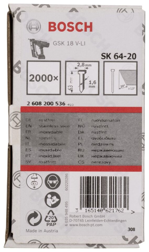 Bosch - Başsız Çivi 20ᵒ 63 mm Paslanmaz 2000li